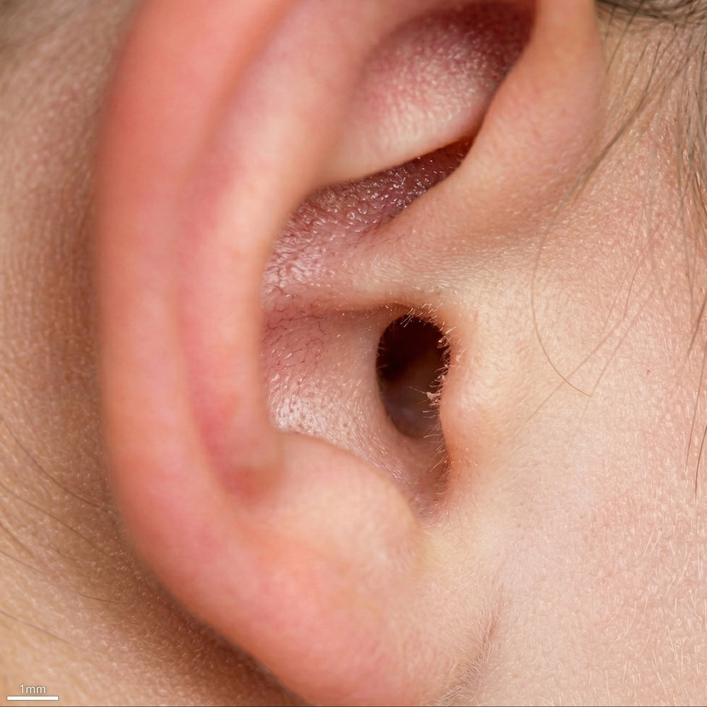 Close-up of a person's ear with an otoscopic view.