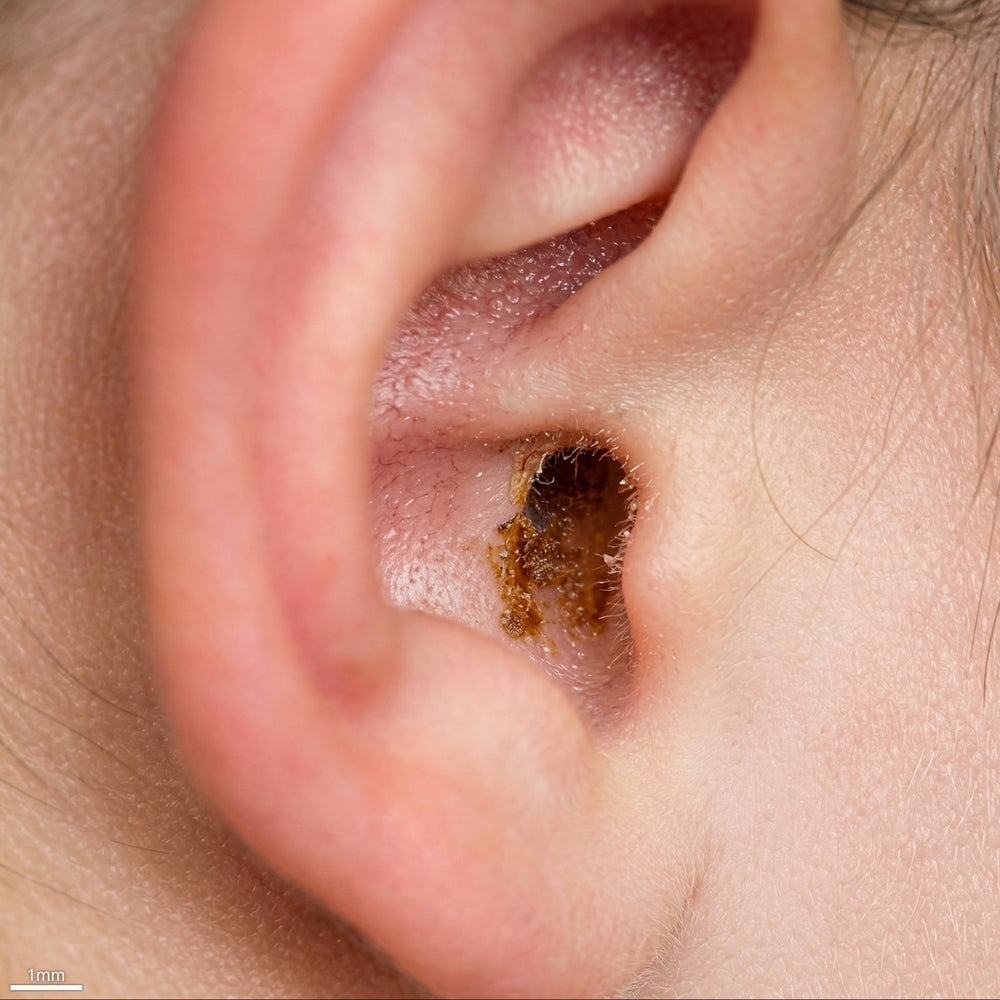 Close-up of an ear with a brown lesion, labeled 'ULTRA-HD OTOSCOPIC REFERENCE'.